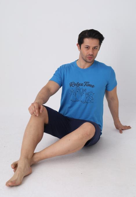 Pijama barbat cu maneca scurta si pantaloni 3/4, culoare albastru, Engros